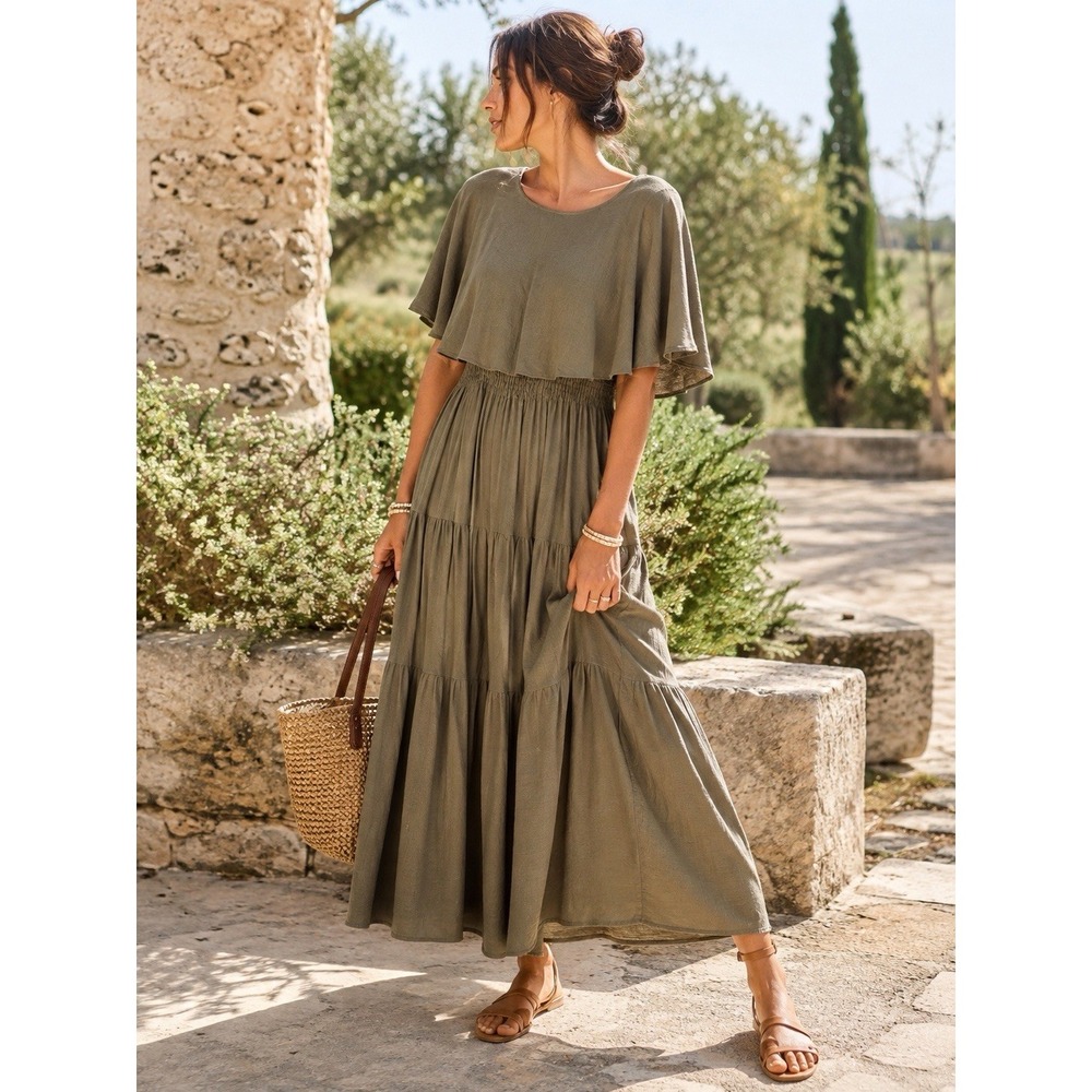 Maison Tara Dress Sz 14 Olive Linen Rayon Tiered Cape Overlay Boho Midi Maxi